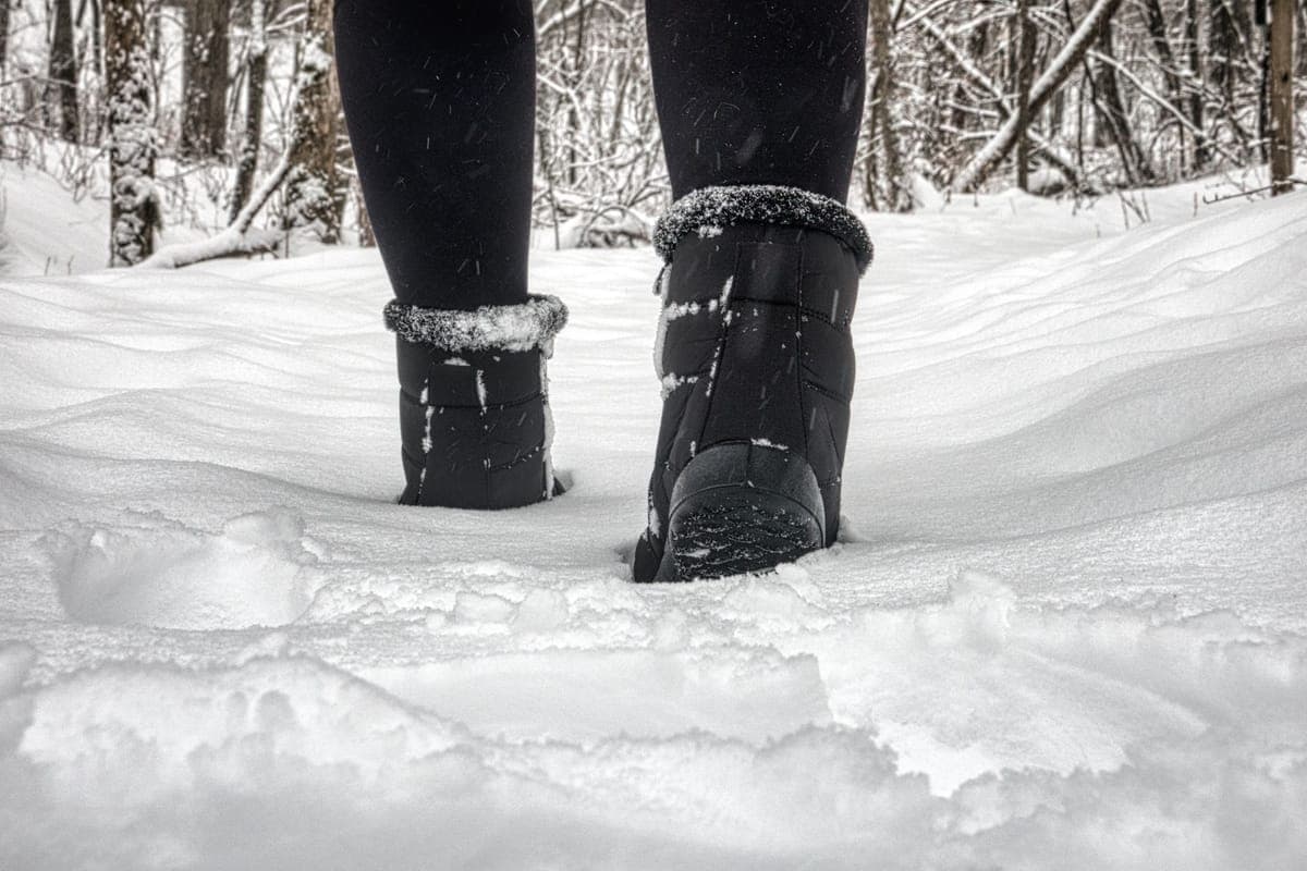 A person walking through deep snow in a winter forest