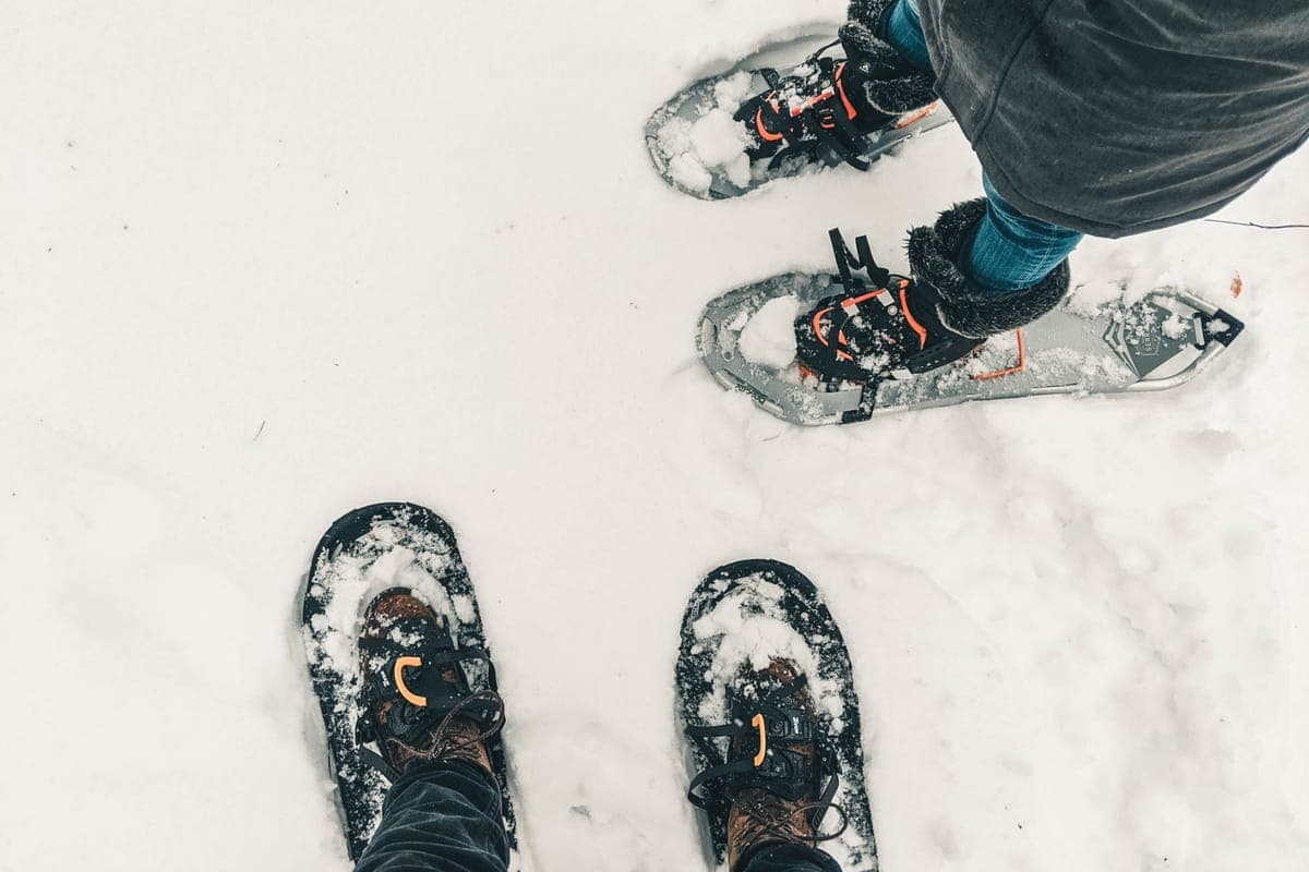 People walking through snow-covered woodland on a winter trail