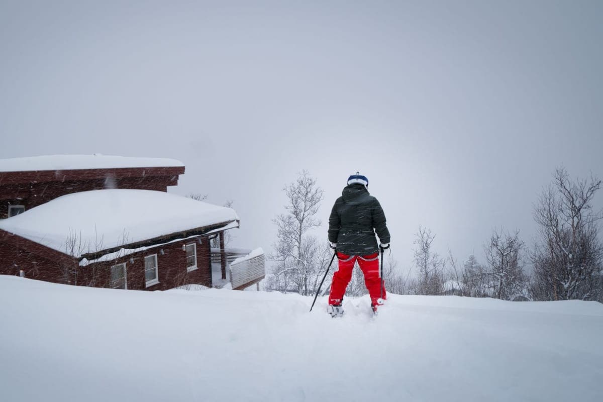 A skier standing beside a snow-covered cabin in a winter landscape