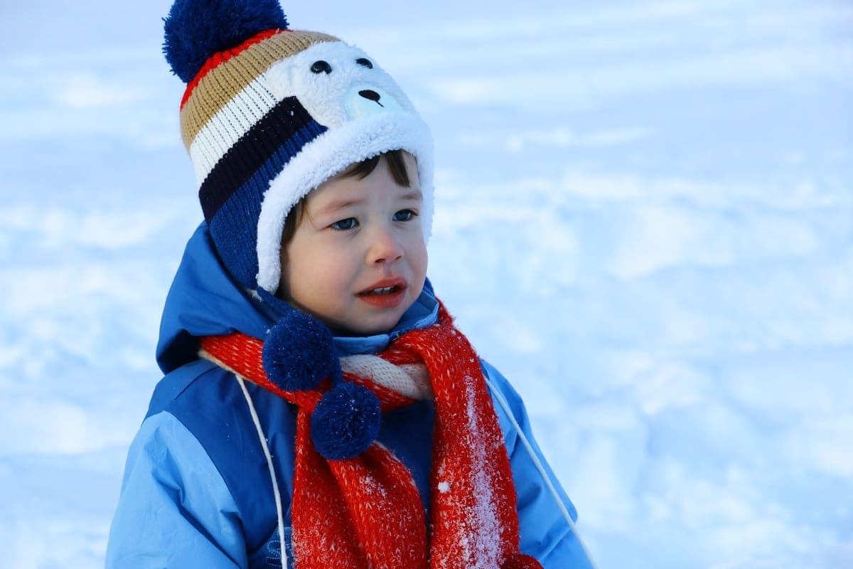 A child bundled up in winter clothes enjoying a snowy day outdoors